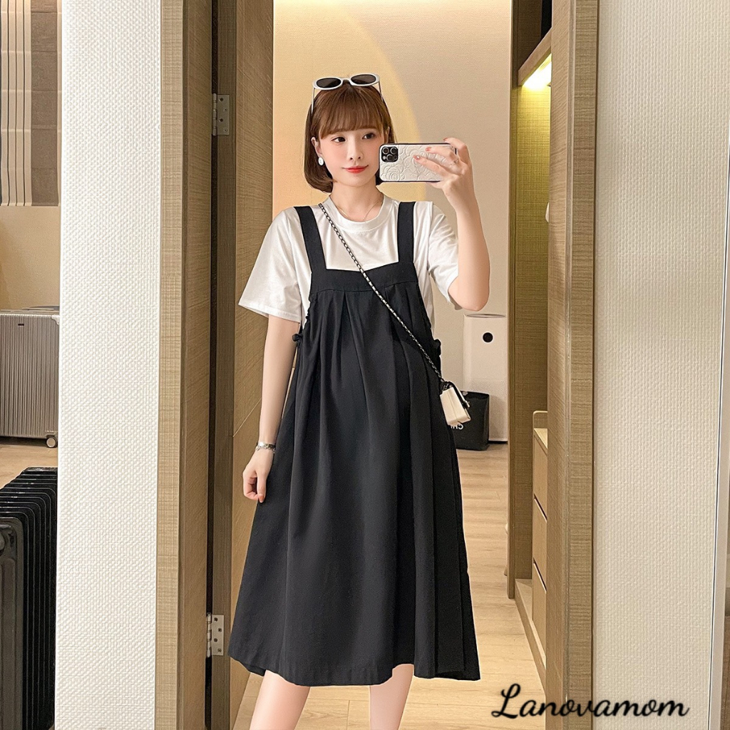 Váy bầu công sở thiết kế dáng yếm suông đẹp_Đầm bầu cao cấp chất kate mềm mát thời trang hè cho mẹ bầu V379