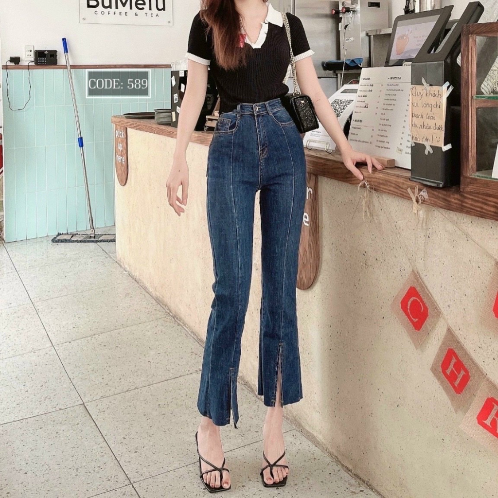 Quần Jean Chất Co Giãn Ống Loe Lỡ Xẻ Tà Siêu Xinh Dáng Dài 90cm Chích Thân Giữa Xẻ Tà