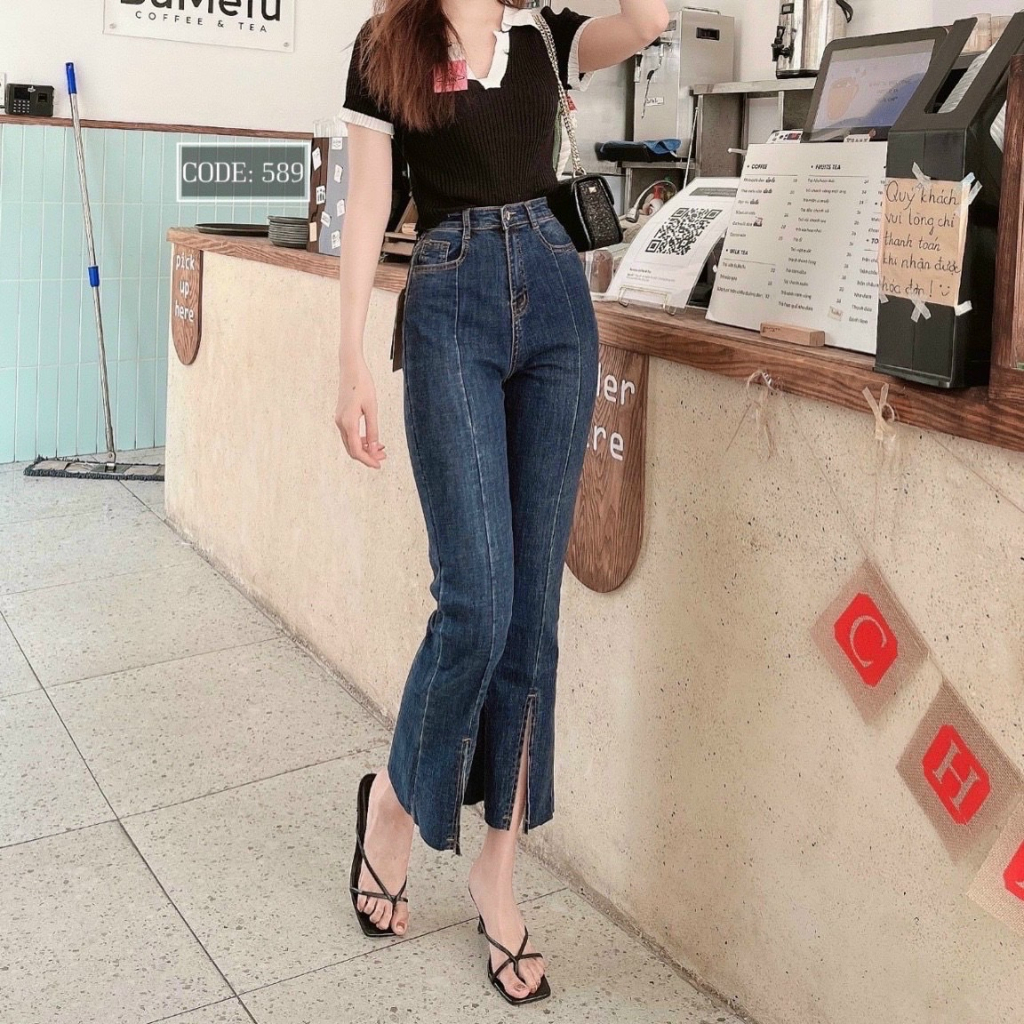 Quần Jean Chất Co Giãn Ống Loe Lỡ Xẻ Tà Siêu Xinh Dáng Dài 90cm Chích Thân Giữa Xẻ Tà