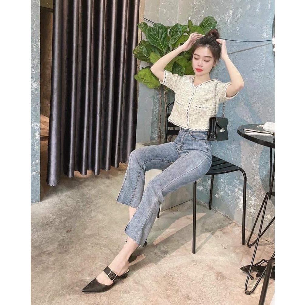 Quần Jean Chất Co Giãn Ống Loe Lỡ Xẻ Tà Siêu Xinh Dáng Dài 90cm Chích Thân Giữa Xẻ Tà