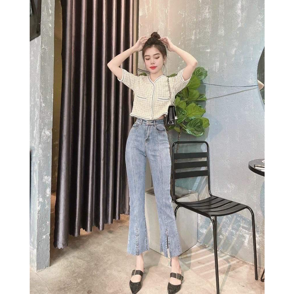 Quần Jean Chất Co Giãn Ống Loe Lỡ Xẻ Tà Siêu Xinh Dáng Dài 90cm Chích Thân Giữa Xẻ Tà