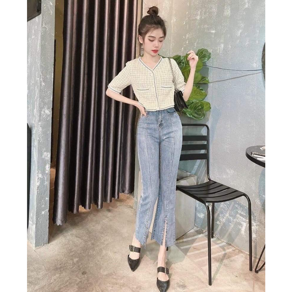 Quần Jean Chất Co Giãn Ống Loe Lỡ Xẻ Tà Siêu Xinh Dáng Dài 90cm Chích Thân Giữa Xẻ Tà