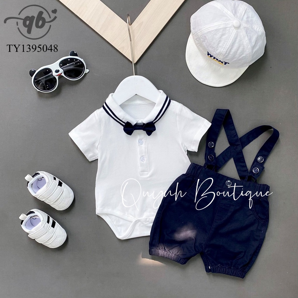Quần Áo Trẻ Em-Set Yếm Công Tử Áo Trắng Kèm Nơ-QUỲNH BOUTIQUE
