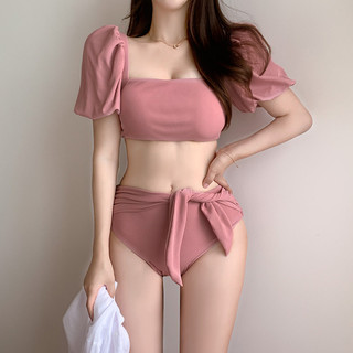 (Hàng QCCC - đủ size) Bikini đồ bơi nữ 2 mảnh tay bồng cạp cao buộc nơ hồng đất cực xinh