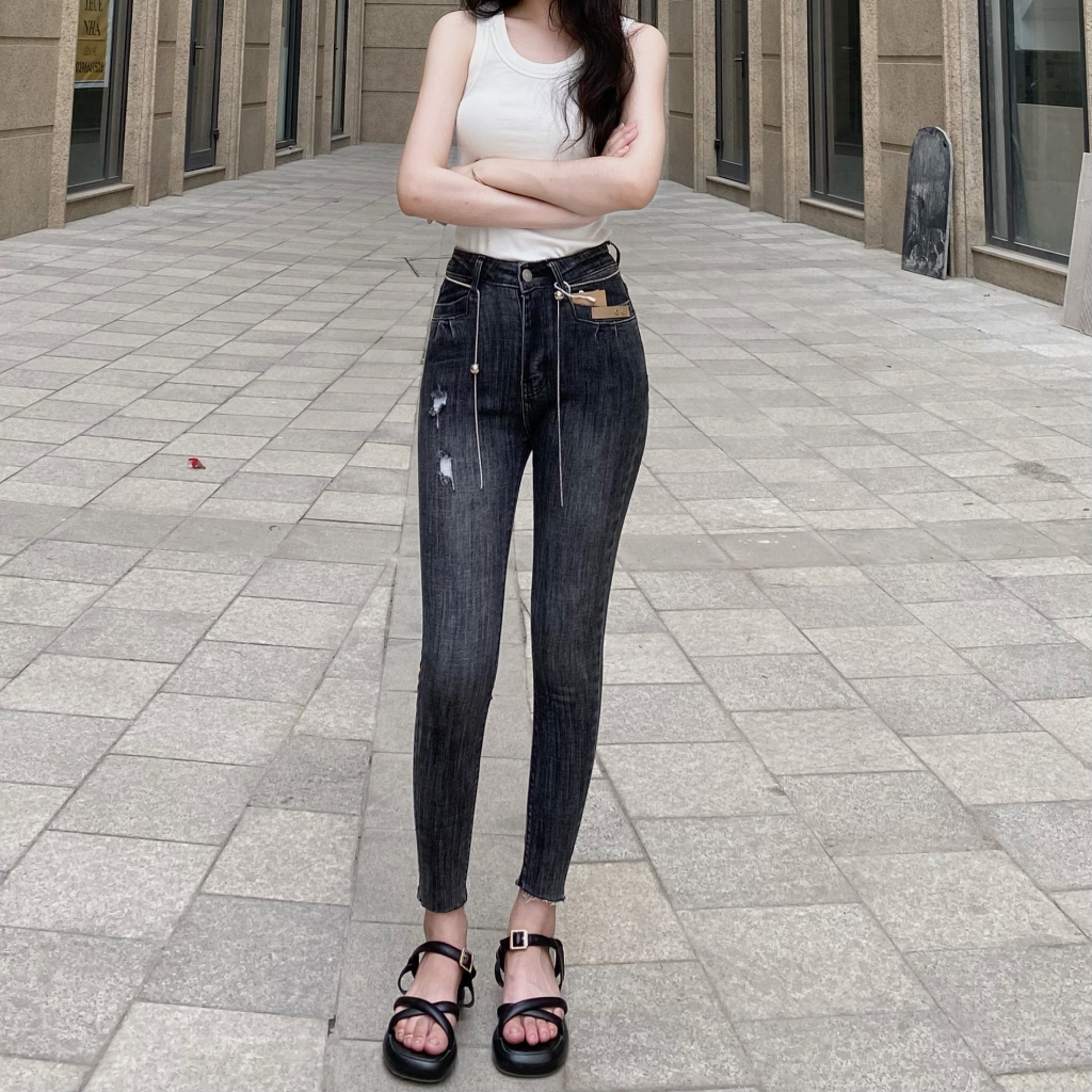 Quần skinny jean nữ lưng cao, Quần bò bó màu khói rách nhẹ SK02 - La'coba