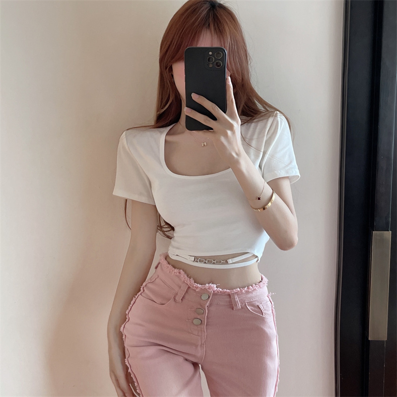 Áo Croptop Tay Ngắn MIMILA Thiết Kế Cổ Vuông Phối Phụ Kiện Dây Eo Cá Tính Crt Thun Basic Chất Mát Cho Mùa Hè -MA135