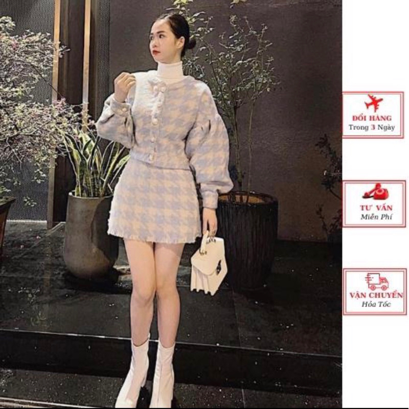 Set áo dạ tweed nữ dài tay kiểu cardigan hàn quốc mùa đông tiểu thư tay bồng xanh phong cách