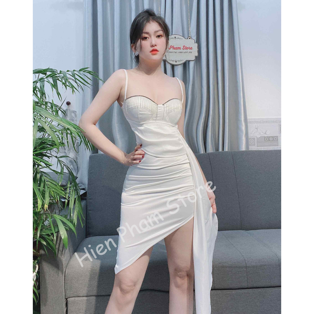 Đầm body lụa 2 dây, cúp ngực, xẻ tà, xếp nhúng, màu trắng
