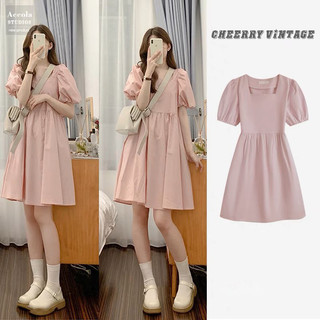 Váy nữ Babydoll màu hồng tay phồng dáng xuống