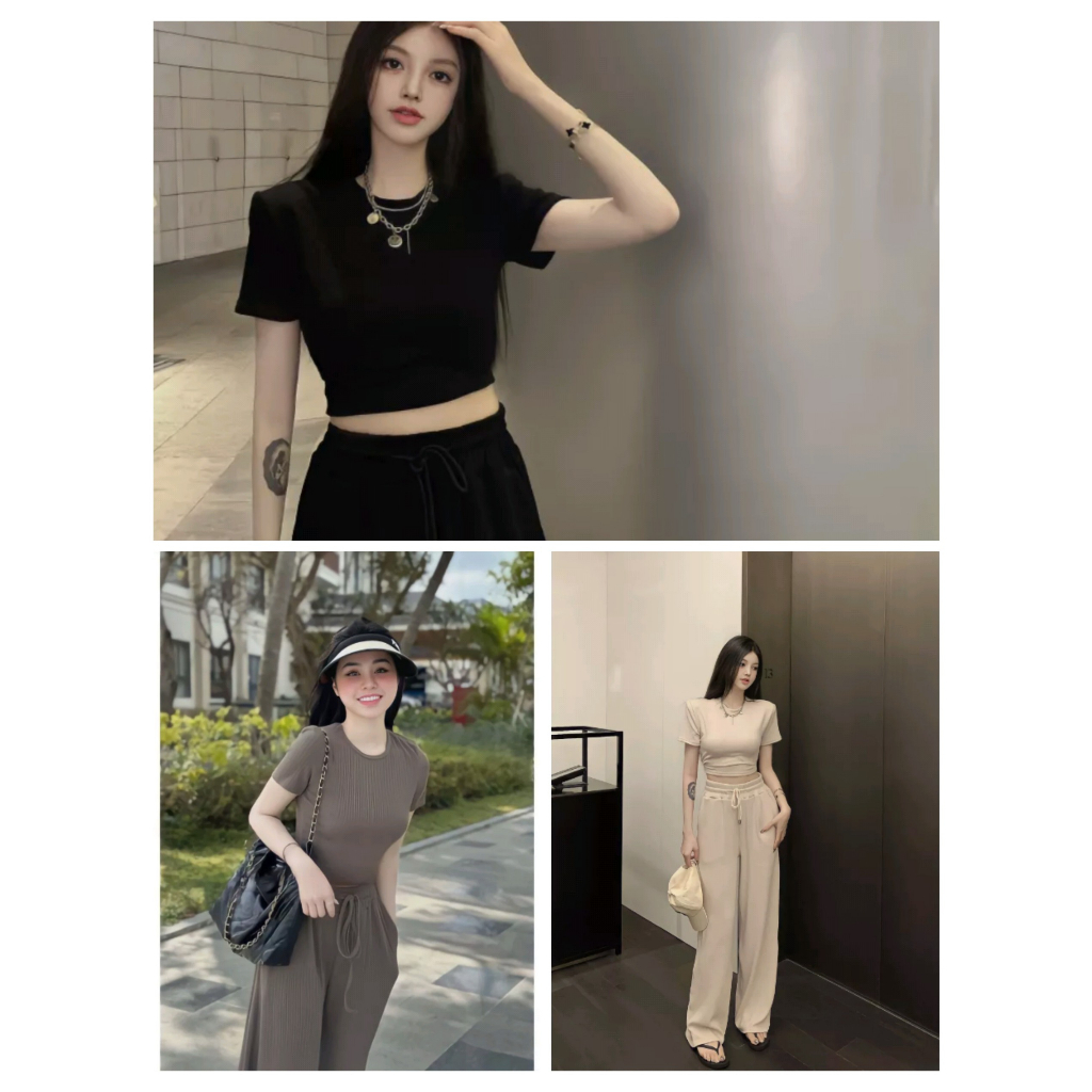 Set Áo Thun Croptop Cộc Tay Nữ Khoét Lưng Kèm Quần Culottes Dài Ống Rộng Vải Gân Xốp 3 Màu