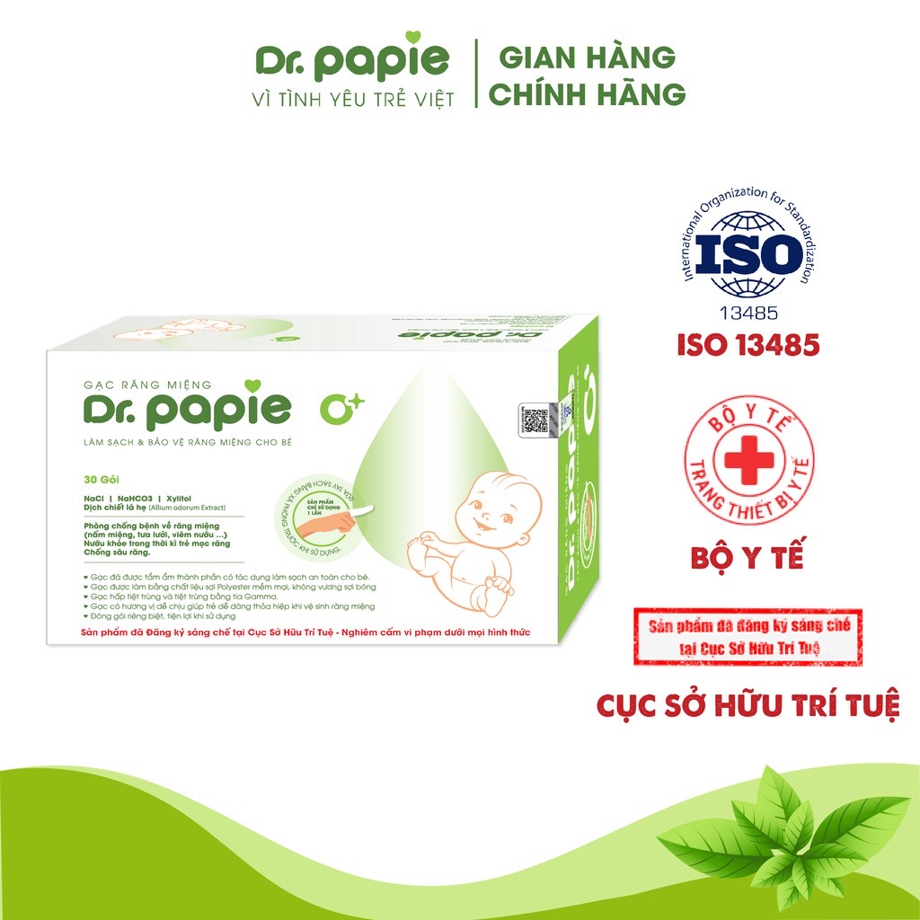￼Gạc Rơ Lưỡi Dr.Papie Tiêu Chuẩn 5SAO, Làm Sạch Răng, Lưỡi, Nướu và Khoang Miệng Cho Bé - 30Gói/Hộp