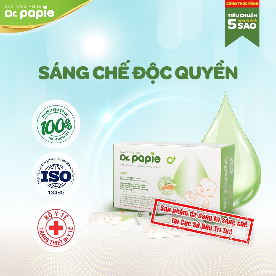 ￼Gạc Rơ Lưỡi Dr.Papie Tiêu Chuẩn 5SAO, Làm Sạch Răng, Lưỡi, Nướu và Khoang Miệng Cho Bé - 30Gói/Hộp