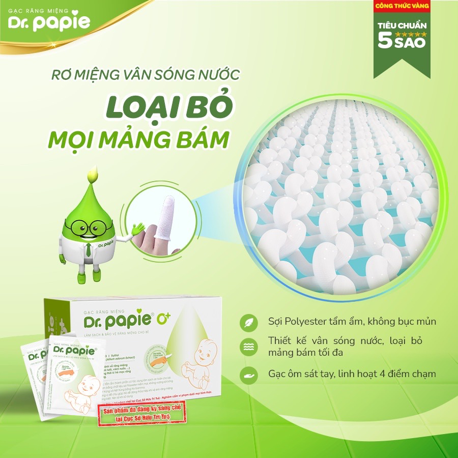 ￼Gạc Rơ Lưỡi Dr.Papie Tiêu Chuẩn 5SAO, Làm Sạch Răng, Lưỡi, Nướu và Khoang Miệng Cho Bé - 30Gói/Hộp