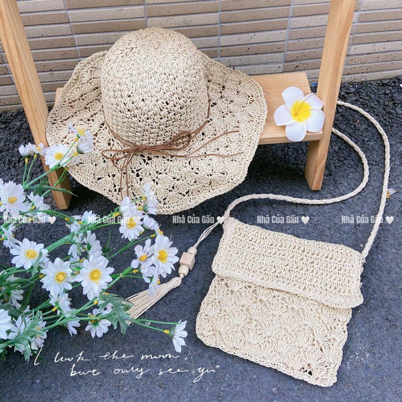 Set nón cói, túi cói bì thư đeo chéo cực xinh