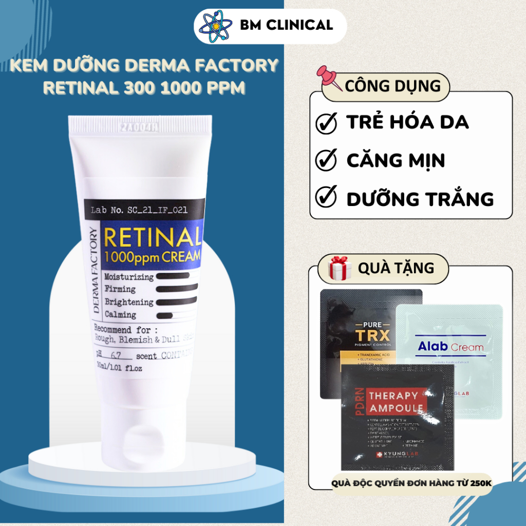 Kem dưỡng ẩm ban đêm căng bóng chống lão hóa da Derma Factory Retinal 300ppm 1000 ppm Cream 30g 30ml