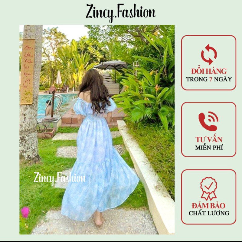 Đầm maxi đi biển chất voan 2 lớp Váy xoè trễ vai dáng dài maxi màu xanh Đầm đi du lịch
