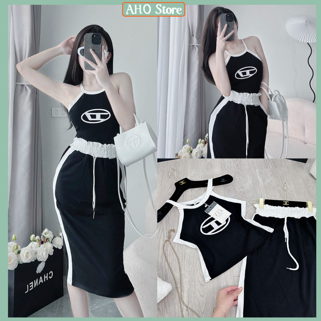 Set Váy Nữ Áo Yếm 2 Dây Phối Màu Mix Chân Váy Dáng Dài Cạp Bèo Dây Rút Phối 2 Sọc 2 Bên Freesize