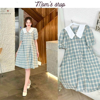 Váy bầu cổ Hàn kẻ caro dấu bụng cực tốt - Mom's Shop - Đầm suông cho mẹ bầu dáng basic mặc đi làm, đi chơi - ẢNH THẬT