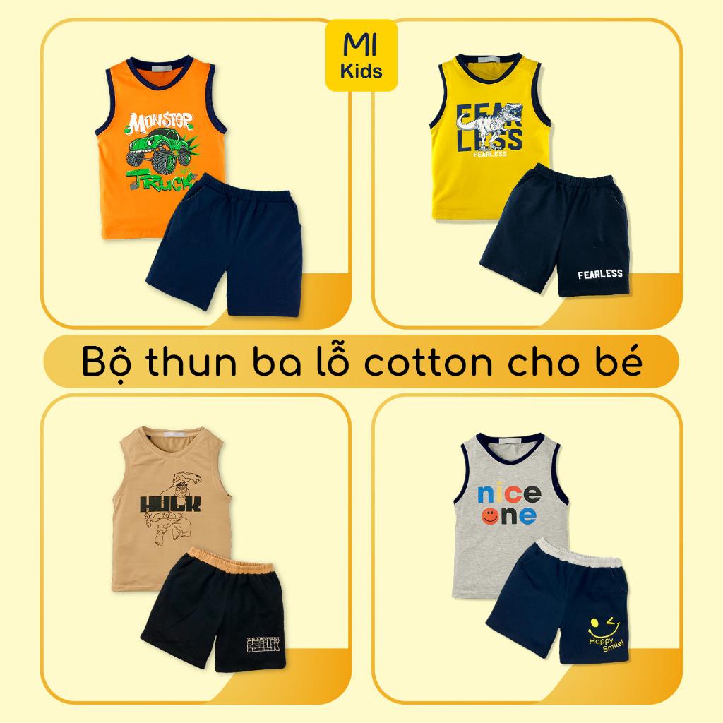 Bộ Ba Lỗ Bé Trai Nhiều Họa tiết ngộ nghĩnh đáng yêu Chất thun Cotton Mềm Mịn Thấm Hút Mặc hè Thoáng Mát
