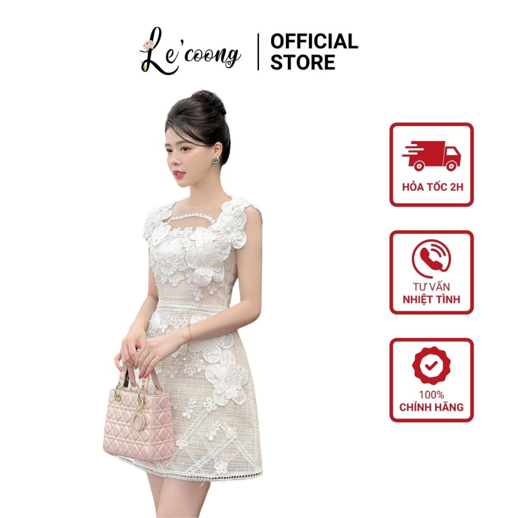 Váy Dự Tiệc LECOONG V347 Đầm Đẹp Thêu Hoa Thủ Công Vải Tafta Màu Be Sang Chảnh