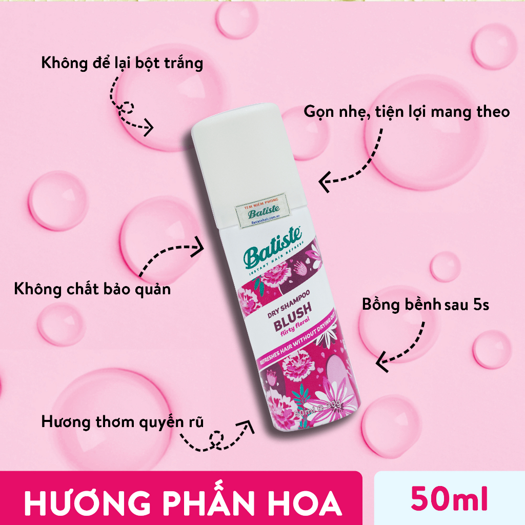 Dầu Gội Khô Batiste Hương Hoa Quyến Rũ - Batiste Dry Shampoo Floral & Flirty Blush 50ml