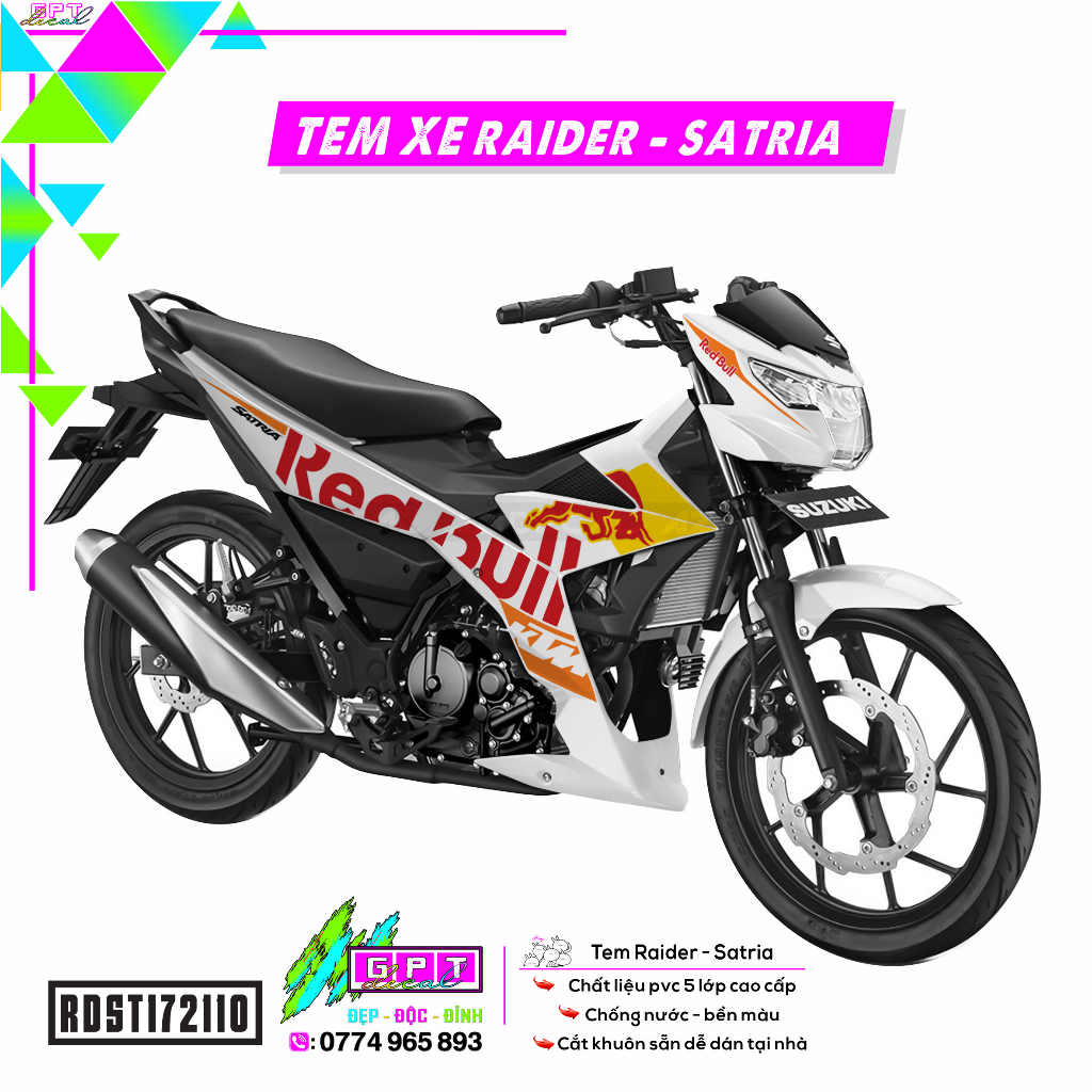 Tem Dán Xe Satria-Raider Mẫu RED BULL I 10 I Decal Dán Xe Cao Cấp Chống Nước - Bền Màu - Cắt Sẵn Dễ Dán