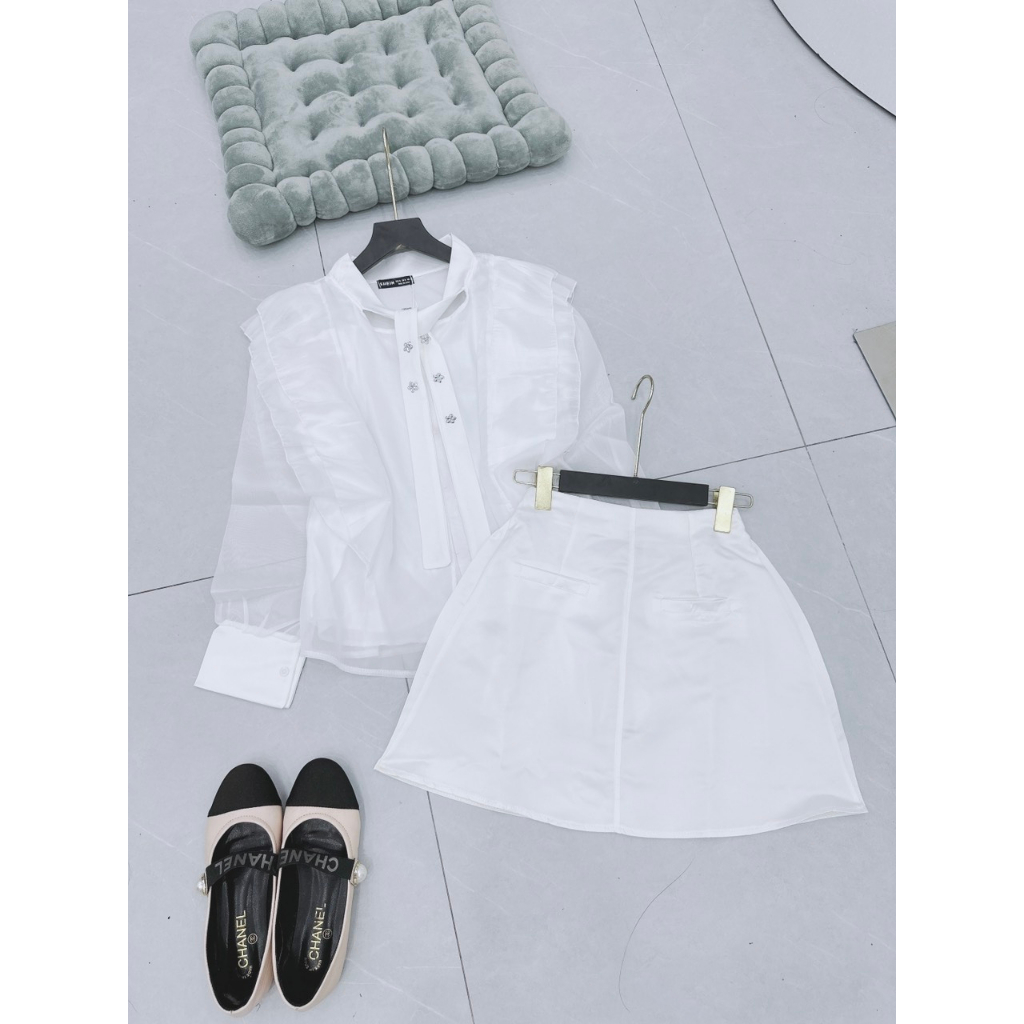 Set Áo Sơ Mi Đính Hoa Đá, Chất Tơ Hàng May 2 Lớp, Mix Chân Váy Tacta Có Quấn Trong