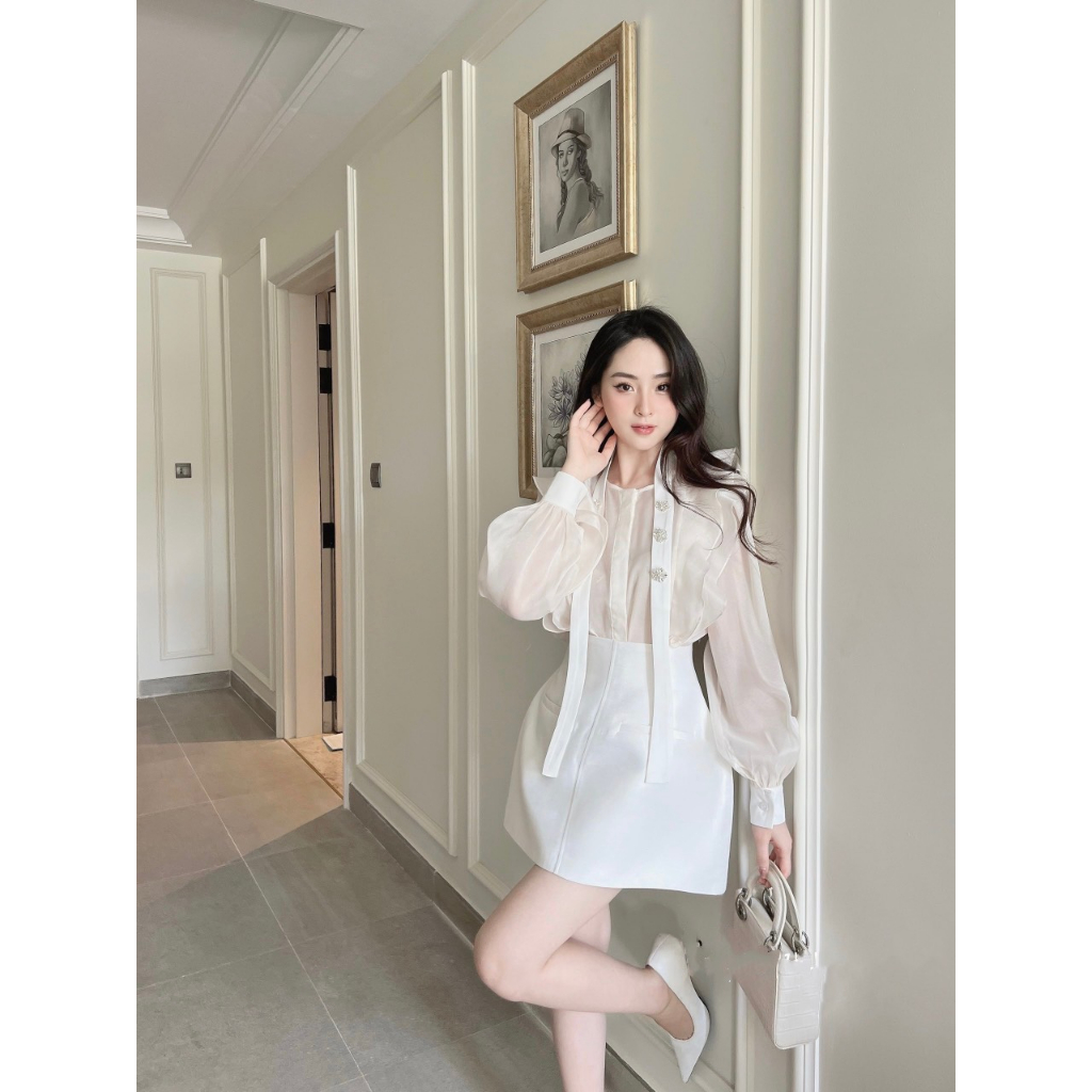 Set Áo Sơ Mi Đính Hoa Đá, Chất Tơ Hàng May 2 Lớp, Mix Chân Váy Tacta Có Quấn Trong
