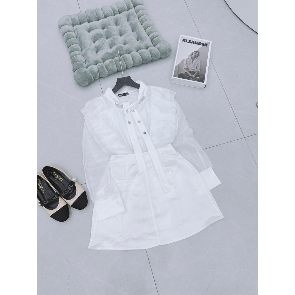 Set Áo Sơ Mi Đính Hoa Đá, Chất Tơ Hàng May 2 Lớp, Mix Chân Váy Tacta Có Quấn Trong