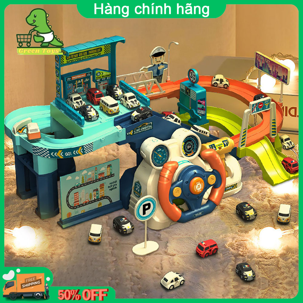 Đồ chơi trẻ em đường đua oto cao cấp với vô lăng phát âm nhạc, có đường ray và cầu trượt, kết hợp bãi đỗ xe oto