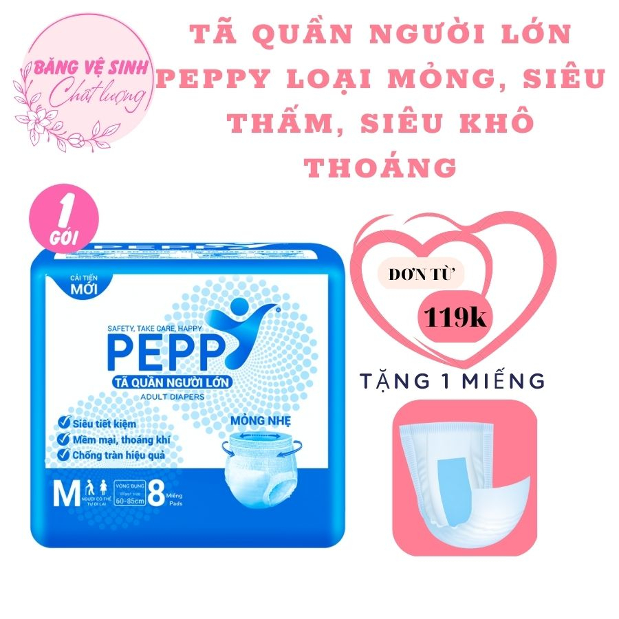 Tã bỉm quần người già siêu mỏng, kháng khuẩn Peppy Size M eo 60-85cm (8 miếng/gói)