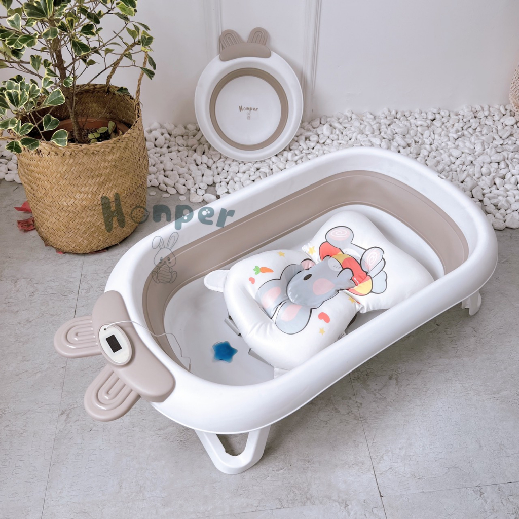 Chậu tắm nhiệt kế Honper gấp gọn hình thỏ kèm phao phân phối chính hãng Bonbon mart