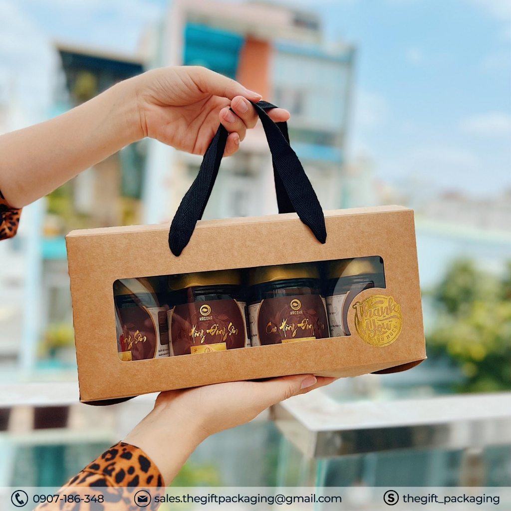 Hộp quà tặng giấy Kraft, hộp quai xách, ép kim logo thank you - The Gift Packaging