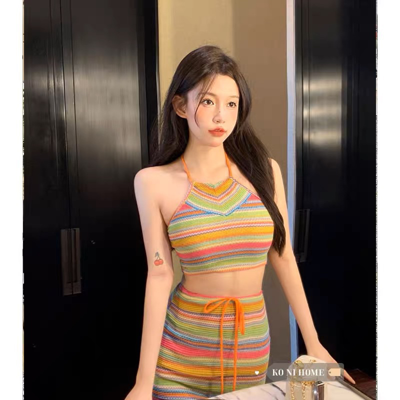 Phù hợp với 2023 phụ nữ mới của mùa hè bó sát ngắn treo cổ vest eo cao váy dệt kim chữ A 2 bộ