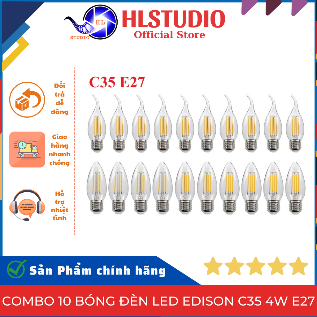Combo 10 Bóng đèn LED Edison C35 4w E27 2700k/4000K/6000K giá siêu rẻ, siêu bền, hình quả nhót, hình