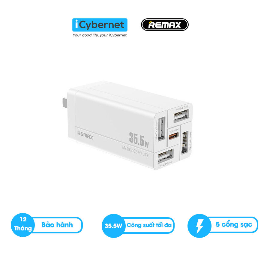 Củ sạc nhanh đa năng 5 cổng 4USB +1 typeC Remax RP-U66 công suất 35.5W - Hàng chính hãng