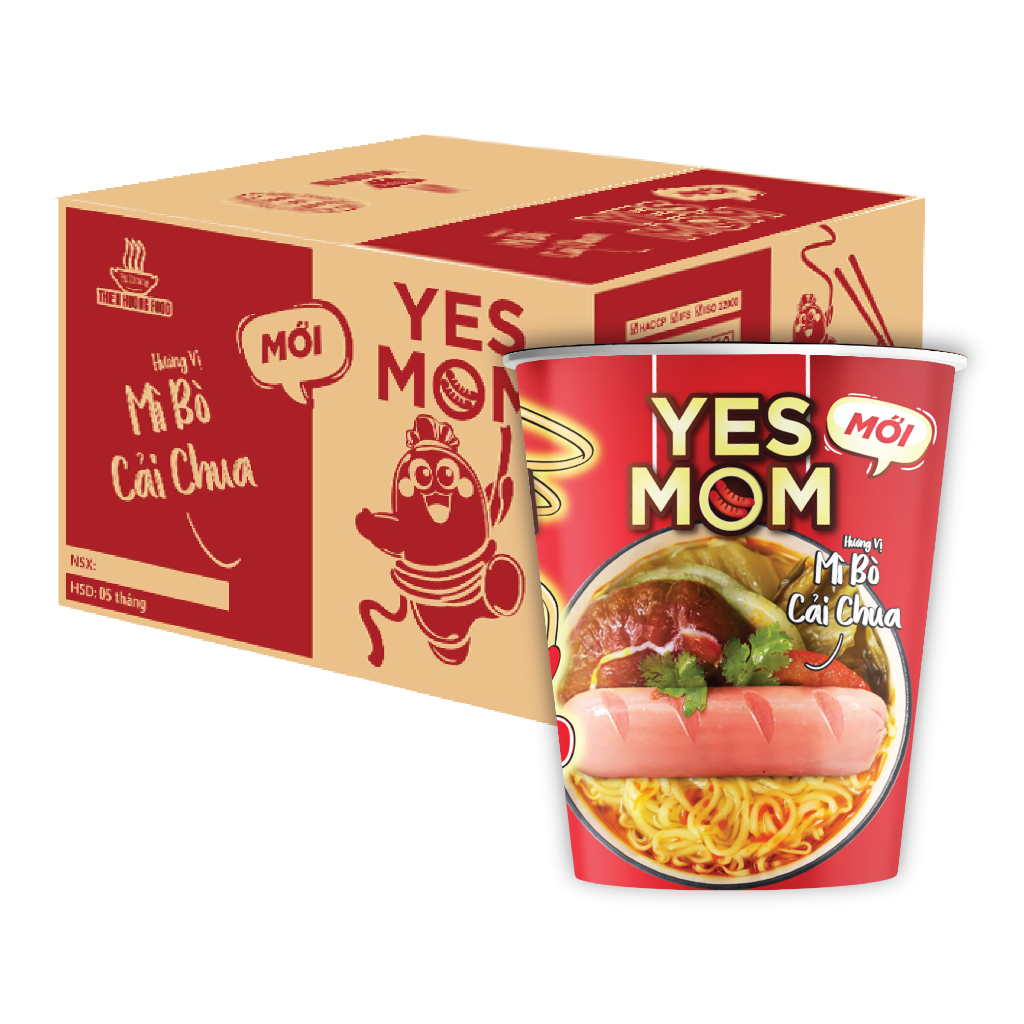 Thùng 24 ly Mì Bò Cải Chua Yes Mom Có Xúc Xích 76g/ly