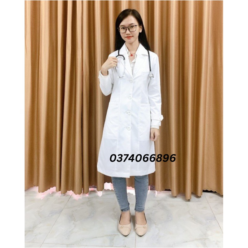 Áo Blouse Bác Sĩ Dài Tay Cao Cấp, Vải Cotton Dày Dặn - Dáng Dài Nam/Nữ - Đồng Phục Y Tế