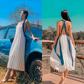 Maxi lụa dập xếp ly trắng 2 dây xanh dương hở lưng, đầm váy dài độc lạ quyến rũ gợi cảm đi chơi biển du lịch sang trọng
