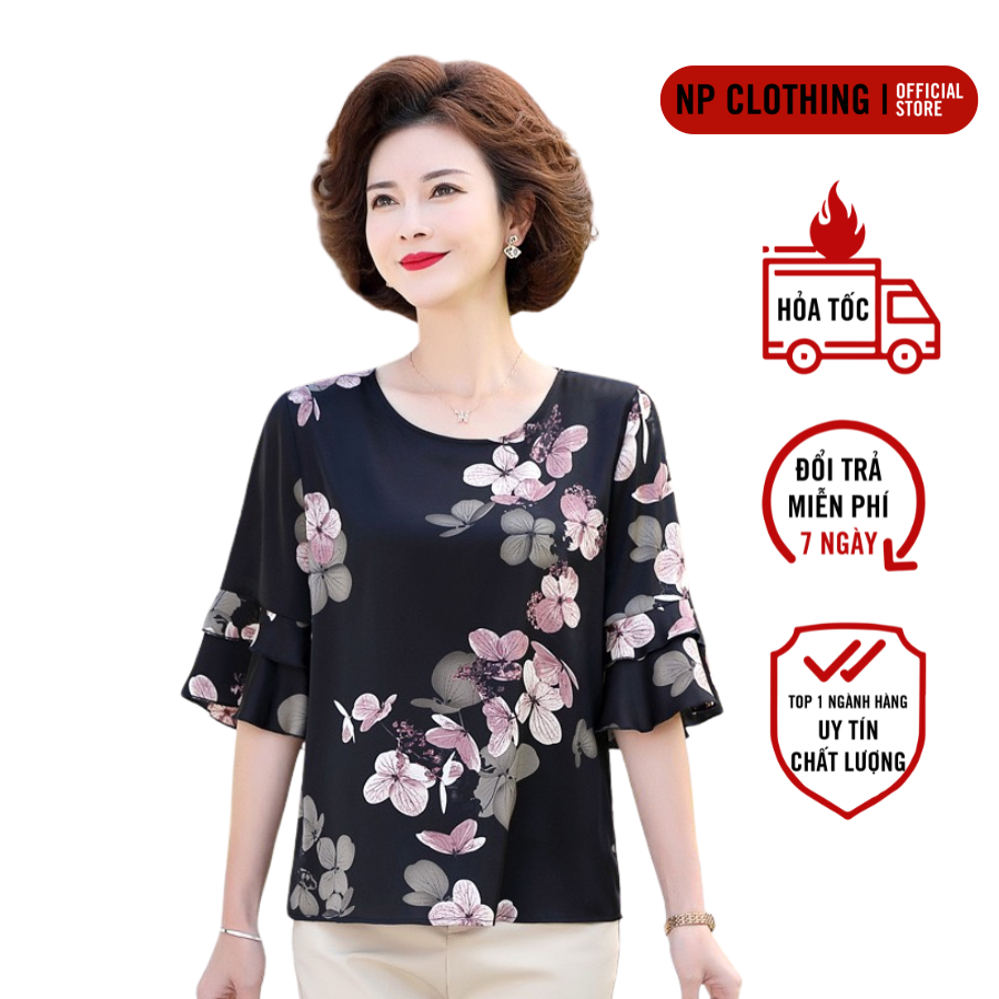 Áo Kiểu Nữ Trung Niên, Mẫu Áo Hoa Cho Mẹ Trung Niên Cổ Tròn Ngắn Tay Kiểu Hàn Quốc Trang Nhã | Thời Trang Trung Niên U50