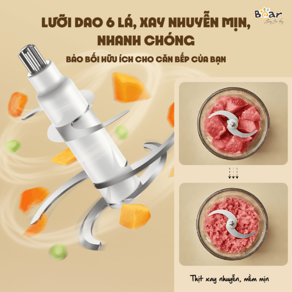 Máy xay ăn dặm 0.6L Bear QSJ D02Q1 cho bé, công suất 200W, đa năng 6 lưỡi dao và cối thủy tinh, BH 18 tháng