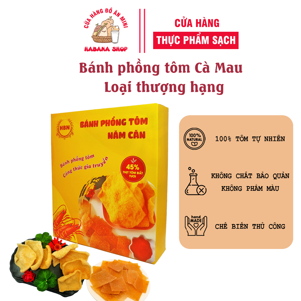 Bánh phồng tôm Năm Căn - Cà Mau loại cao cấp thơm giòn với 45% tôm đất nguyên chất hộp 500gr