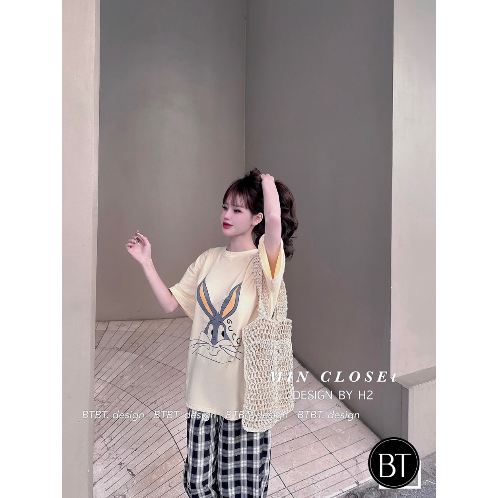 SET ĐỒ ÁO PHÔNG THỎ HỒNG+BE MIX QUẦN KẺ CARO
