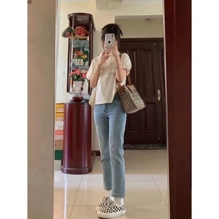 Quần jeans ống đứng , Quần bò nữ màu xanh nhạt co dãn có may gấu phong cách hàn quốc TL