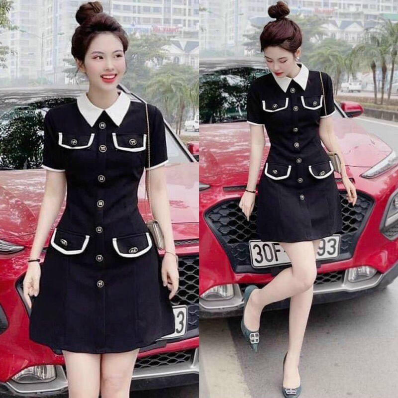 Đầm công sở xoè form A phối nắp túi đính nút full.MLXL2XL