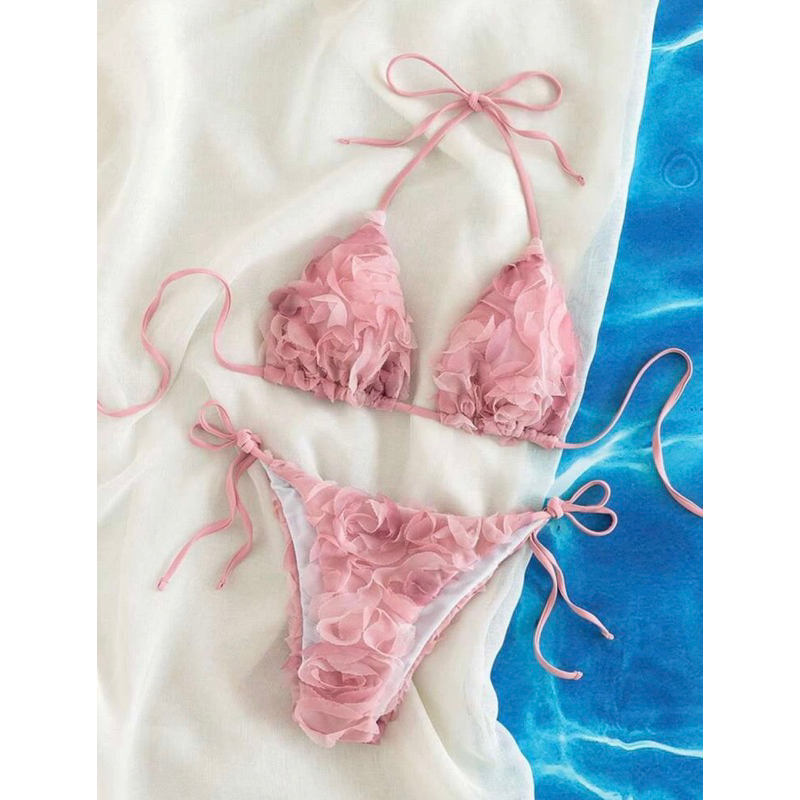 [ORDER SHEIN] Set Bikini Nữ Hoạ Tiết Hoa Nổi Phối Lưới | BigBuy360 - bigbuy360.vn