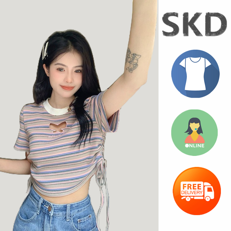 SKD áo thun sọc ngang áo cổ tròn nữ áo dây nơ trước ngực Con bướm trước ngực Rỗng áo dây rút