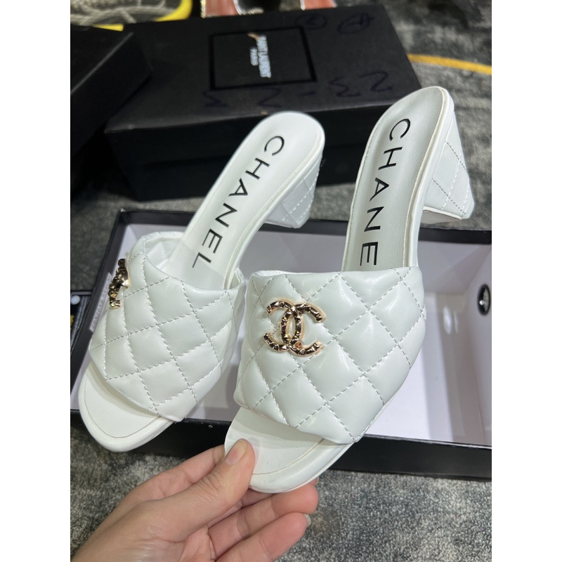 Dép cao gót chan.nel trắng- đen - kèm video thật