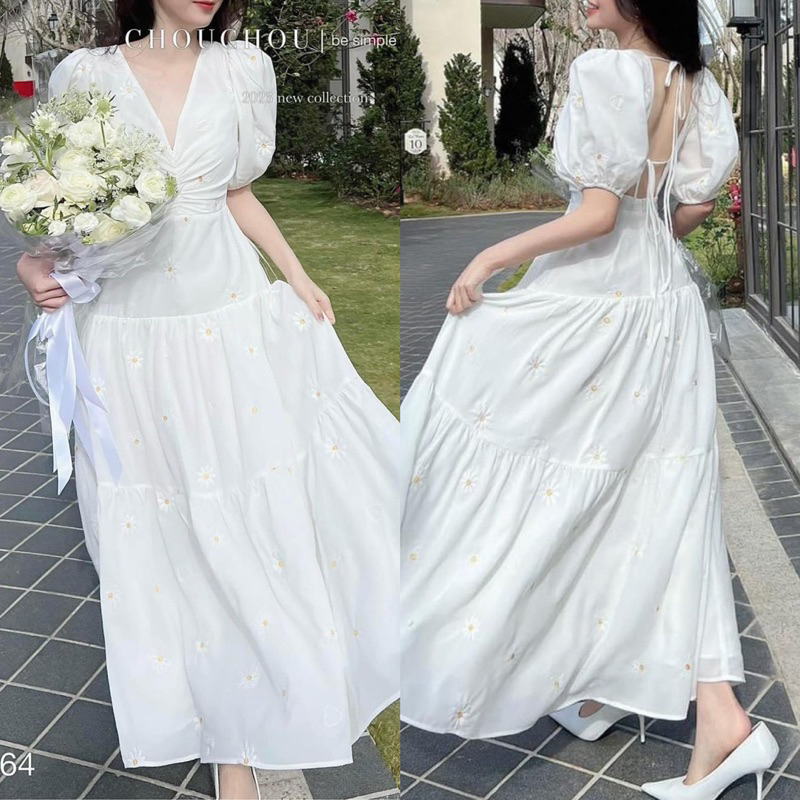 Đầm trắng hoa cổ vuông dễ thương