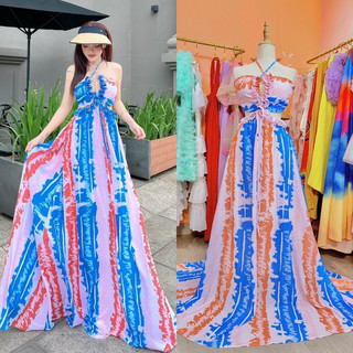 Maxi loang xanh dương phối màu 2 dây cổ yếm xẻ ngực hở eo lưng, đầm váy dài đi chơi biển du lịch chụp hình sang trọng